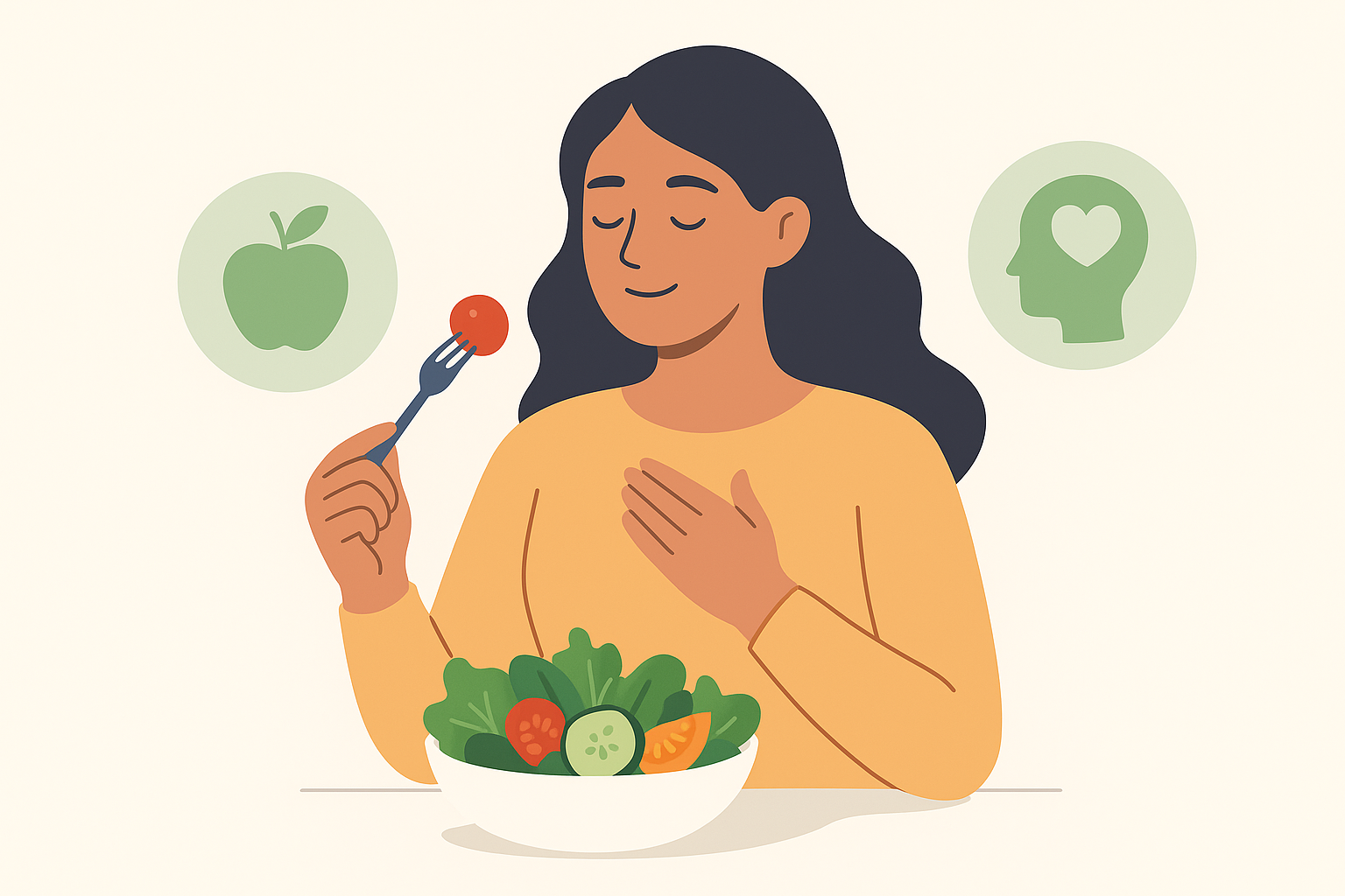 Ilustración minimalista de una mujer de cabello oscuro disfrutando una ensalada con vegetales y frutas. Ella sonríe con serenidad, tiene una mano en el pecho y sostiene un tenedor con un tomate. A su alrededor aparecen burbujas con íconos: una manzana y un perfil humano con un corazón, simbolizando la conexión entre alimentación y bienestar.