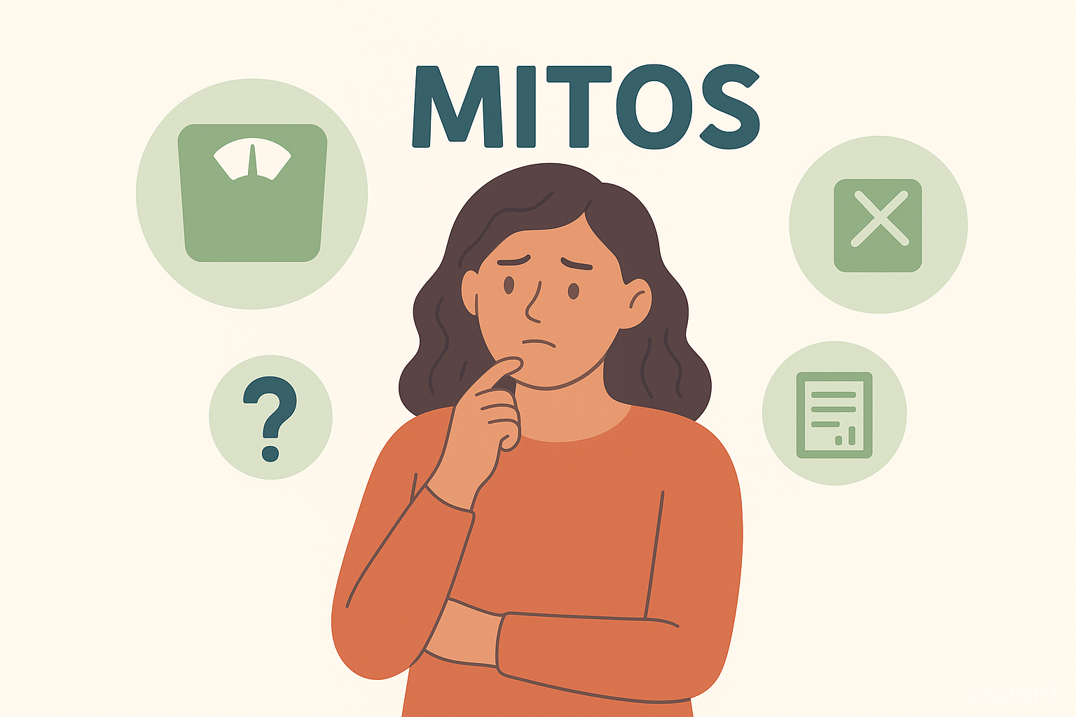 Ilustración minimalista de una mujer joven con expresión pensativa, tocándose la barbilla. A su alrededor aparecen íconos en círculos verdes: una balanza, un signo de interrogación, una equis y un documento. En la parte superior está la palabra “MITOS”, representando creencias erróneas sobre la pérdida de peso.