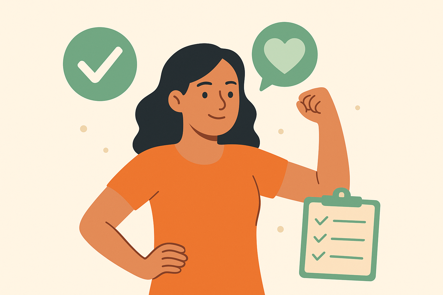 mujer joven con cabello oscuro y camiseta naranja, levantando el puño con confianza y una sonrisa motivada.