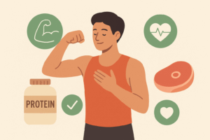 hombre joven y atlético con camiseta sin mangas color naranja, flexionando su brazo con confianza