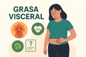 mujer de pie con expresión reflexiva, señalando suavemente el área de su abdomen