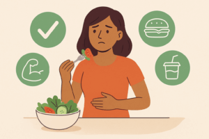 mujer joven con expresión de duda mientras sostiene un tenedor con una rodaja de tomate y pepino. Frente a ella hay un bowl de ensalada.