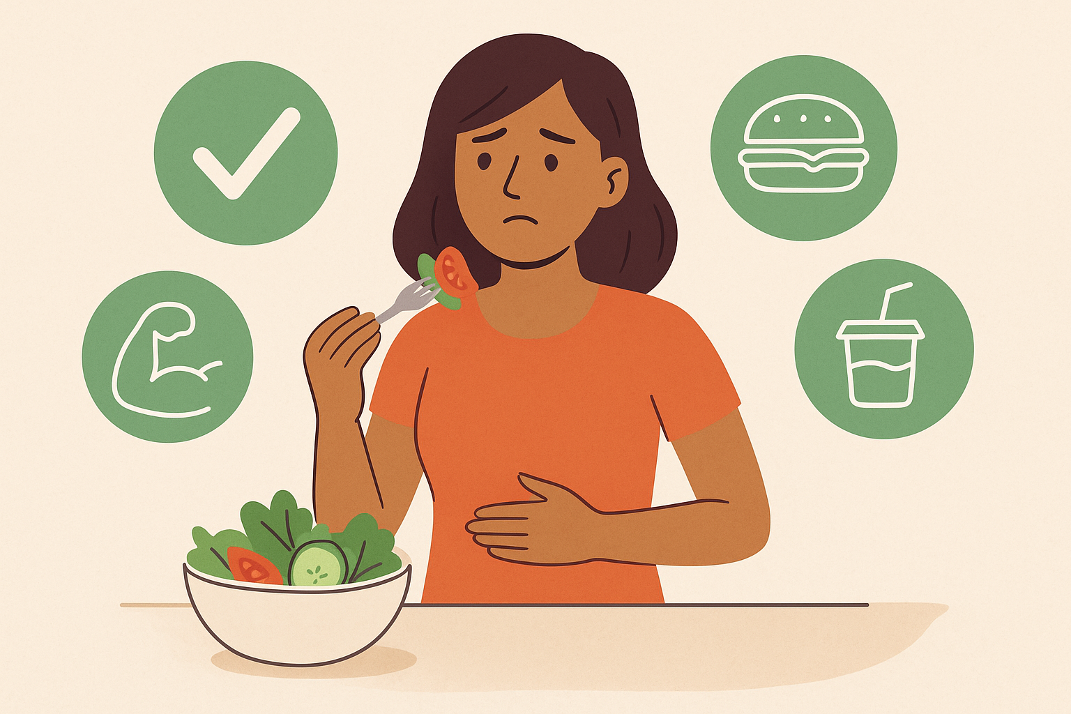 mujer joven con expresión de duda mientras sostiene un tenedor con una rodaja de tomate y pepino. Frente a ella hay un bowl de ensalada.