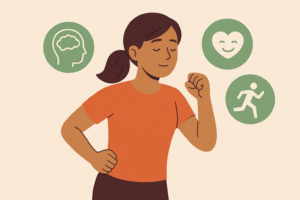 joven haciendo ejercicio con expresión relajada, rodeada de tres íconos verdes que representan bienestar mental, buen estado de ánimo y actividad física