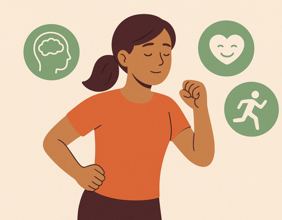 joven haciendo ejercicio con expresión relajada, rodeada de tres íconos verdes que representan bienestar mental, buen estado de ánimo y actividad física