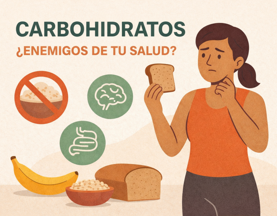 mujer joven con expresión de duda observando una rebanada de pan que sostiene en la mano. A su alrededor aparecen alimentos ricos en carbohidratos como banana, avena y pan integral