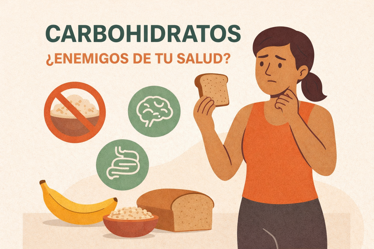 mujer joven con expresión de duda observando una rebanada de pan que sostiene en la mano. A su alrededor aparecen alimentos ricos en carbohidratos como banana, avena y pan integral