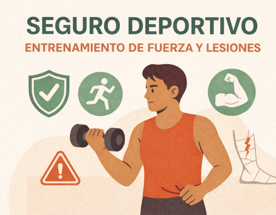 hombre joven y atlético levantando una mancuerna con expresión concentrada. A su alrededor aparecen íconos que representan protección, actividad física y fuerza muscular