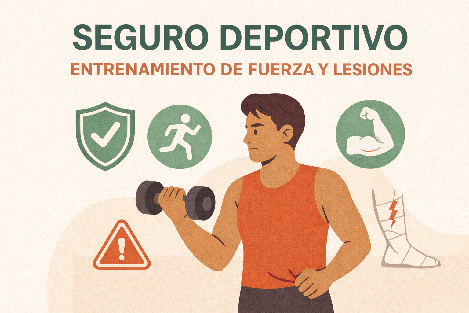 hombre joven y atlético levantando una mancuerna con expresión concentrada. A su alrededor aparecen íconos que representan protección, actividad física y fuerza muscular