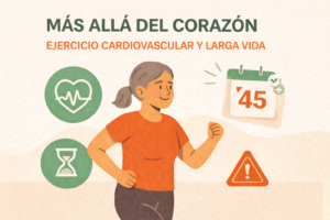 mujer adulta mayor trotando con una expresión tranquila y sonriente. A su alrededor aparecen íconos verdes de un corazón con pulso y un reloj de arena, junto a un calendario con el número 45