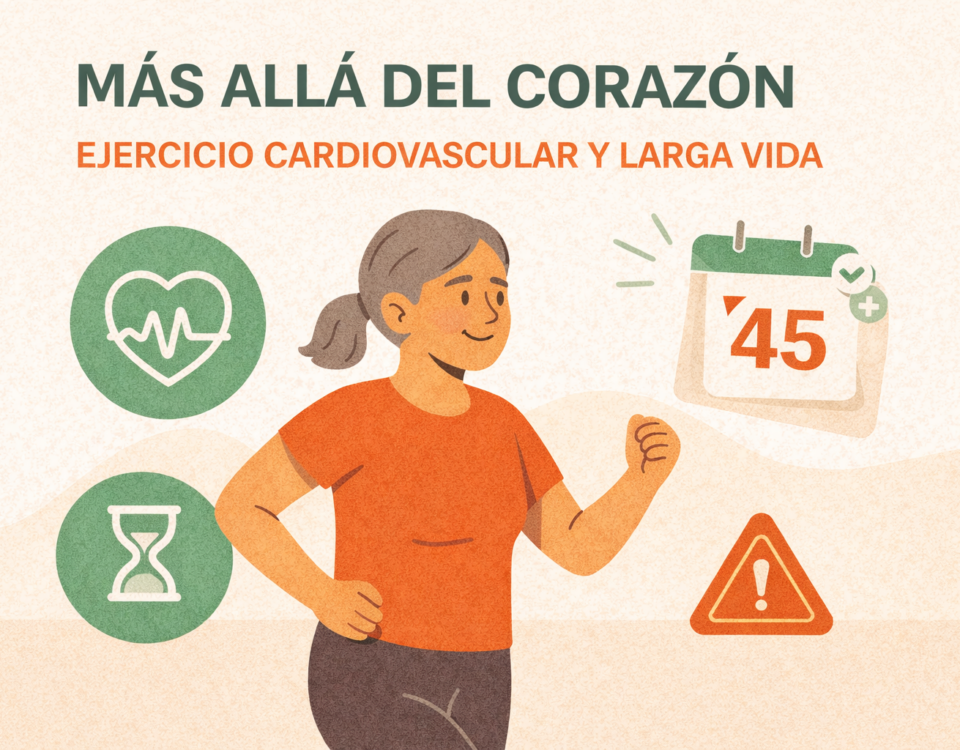 mujer adulta mayor trotando con una expresión tranquila y sonriente. A su alrededor aparecen íconos verdes de un corazón con pulso y un reloj de arena, junto a un calendario con el número 45