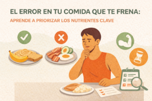 hombre joven y activo con expresión pensativa, comparando dos platos de comida: uno con alimentos ricos en carbohidratos marcado con un check verde y otro con alimentos altos en grasa marcado con una equis roja.