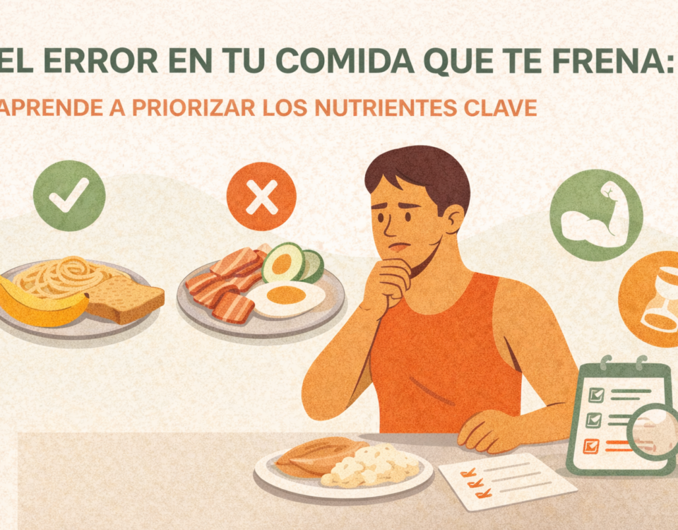 hombre joven y activo con expresión pensativa, comparando dos platos de comida: uno con alimentos ricos en carbohidratos marcado con un check verde y otro con alimentos altos en grasa marcado con una equis roja.