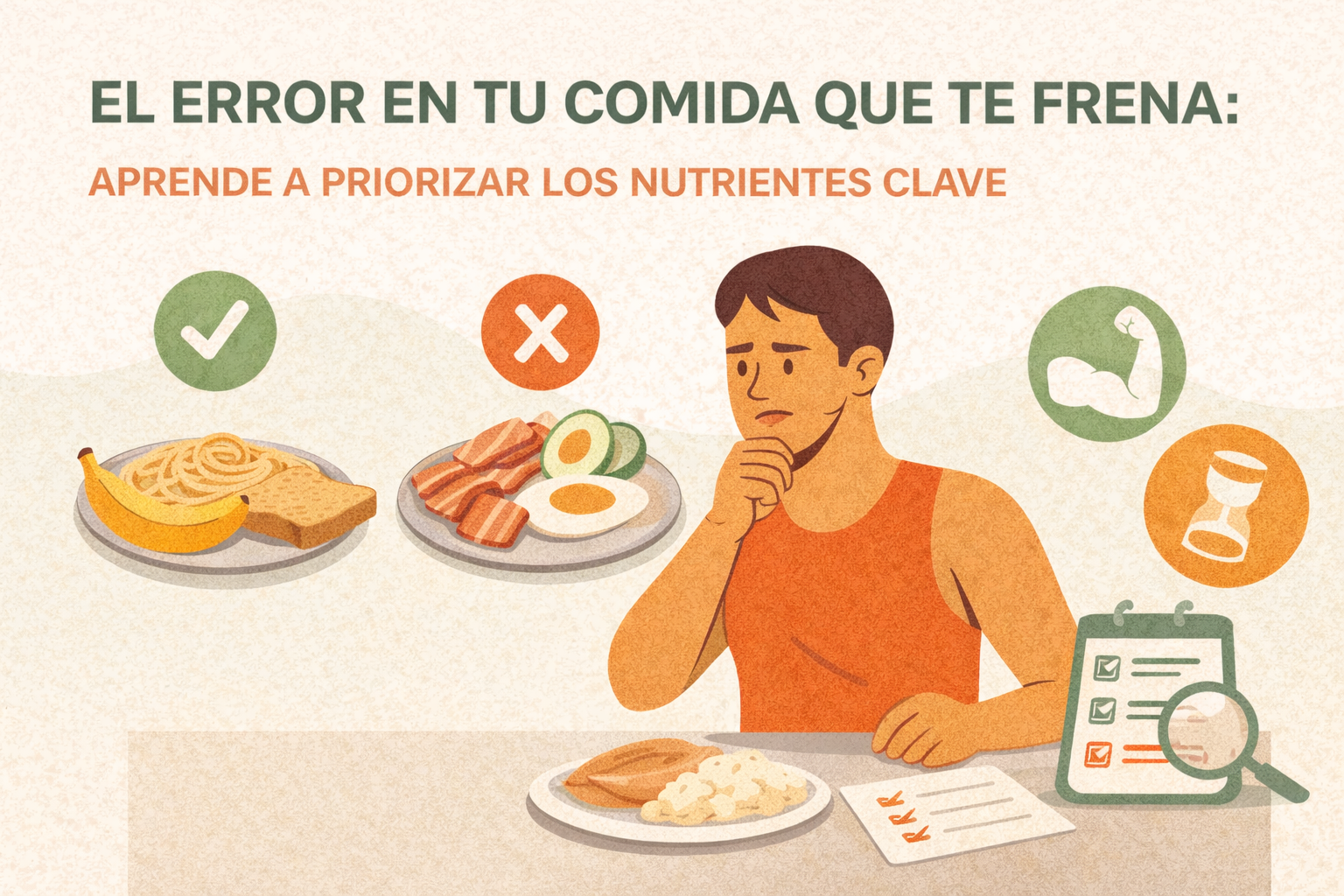 hombre joven y activo con expresión pensativa, comparando dos platos de comida: uno con alimentos ricos en carbohidratos marcado con un check verde y otro con alimentos altos en grasa marcado con una equis roja.