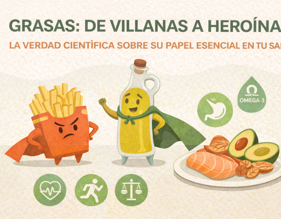 grasas saludables: papas fritas con gesto negativo frente a una botella de aceite de oliva con capa de héroe