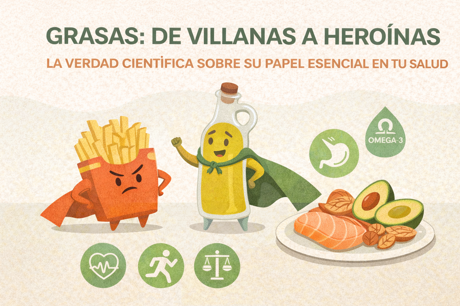 grasas saludables: papas fritas con gesto negativo frente a una botella de aceite de oliva con capa de héroe