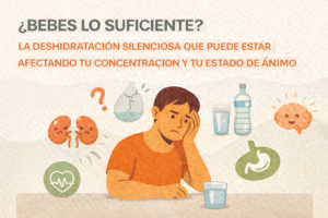 persona sentada con expresión de cansancio y baja concentración, acompañada de iconos de un vaso y una botella de agua, riñones, cerebro y sistema digestivo