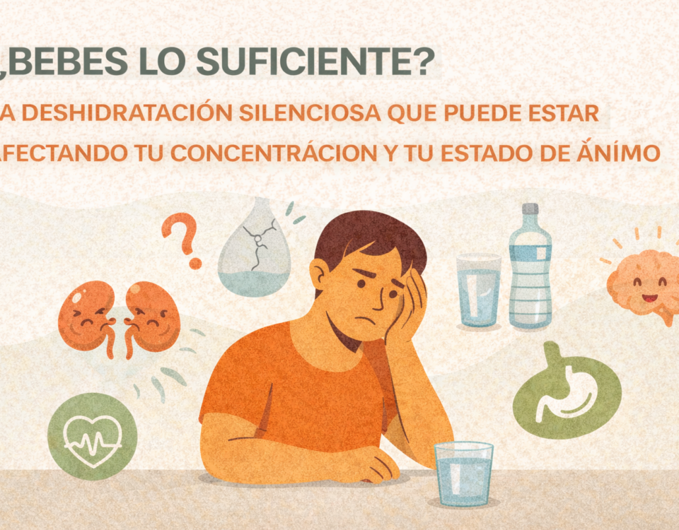 persona sentada con expresión de cansancio y baja concentración, acompañada de iconos de un vaso y una botella de agua, riñones, cerebro y sistema digestivo