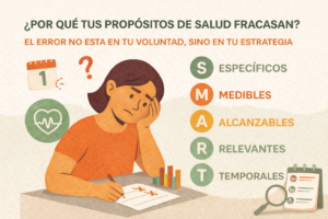 mujer joven sentada frente a un escritorio, apoyando la cabeza en una mano con expresión de frustración mientras revisa una lista de objetivos incumplidos.