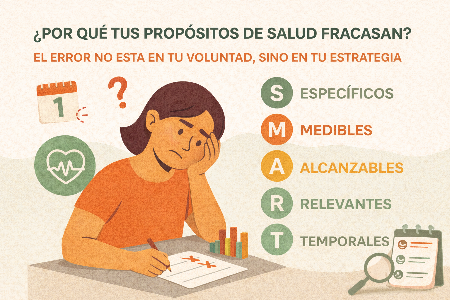 mujer joven sentada frente a un escritorio, apoyando la cabeza en una mano con expresión de frustración mientras revisa una lista de objetivos incumplidos.