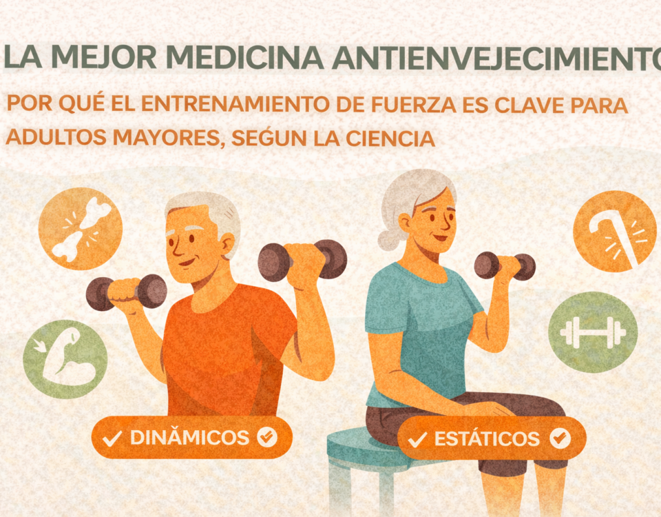 Un hombre y una mujer adultos mayores realizando ejercicios de fuerza con mancuernas, acompañados de íconos sobre salud ósea, fuerza muscular y movilidad.