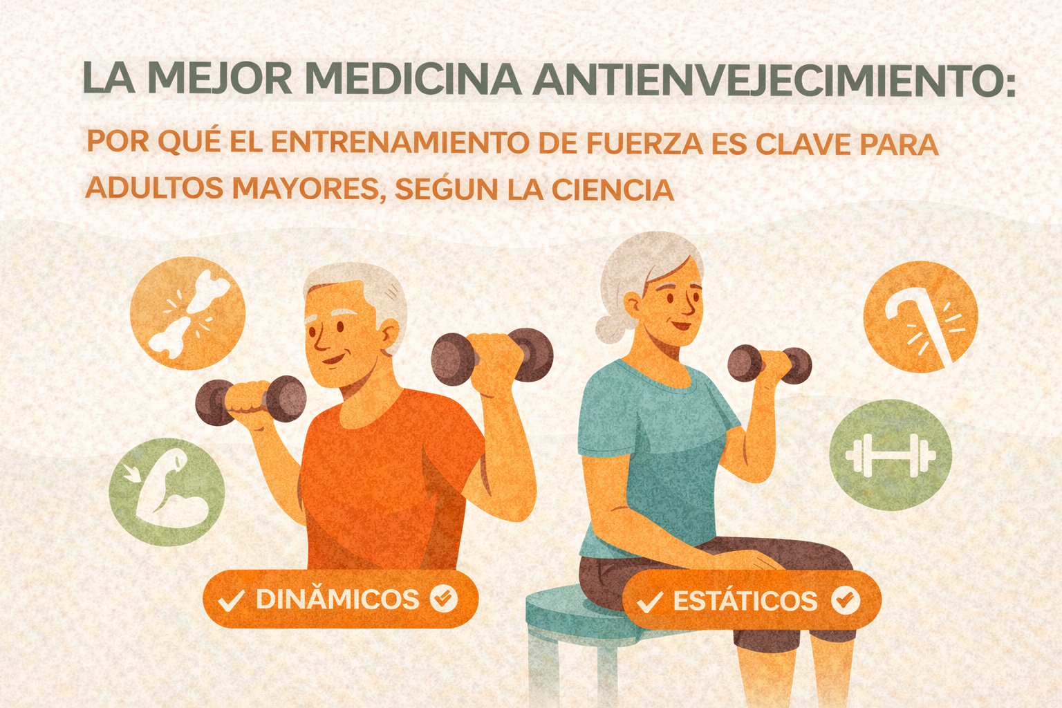 Un hombre y una mujer adultos mayores realizando ejercicios de fuerza con mancuernas, acompañados de íconos sobre salud ósea, fuerza muscular y movilidad.