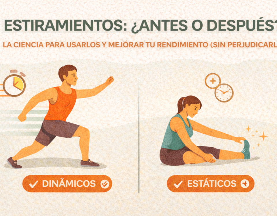 estiramientos dinámicos antes del ejercicio y estiramientos estáticos después, con dos personas realizando cada tipo y etiquetas “Dinámicos” y “Estáticos”
