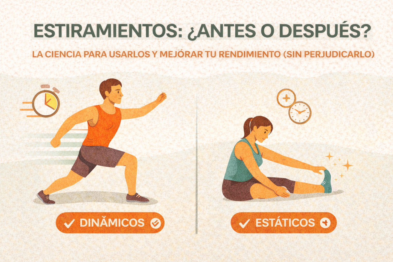 estiramientos dinámicos antes del ejercicio y estiramientos estáticos después, con dos personas realizando cada tipo y etiquetas “Dinámicos” y “Estáticos”