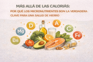 Ilustración digital educativa que muestra diversos alimentos ricos en micronutrientes como salmón, aguacate, brócoli, tomate, cítricos, frutos secos y aceite de oliva, rodeados de iconos de vitaminas y minerales como A, C, D, hierro (Fe), magnesio (Mg) y complejo B.