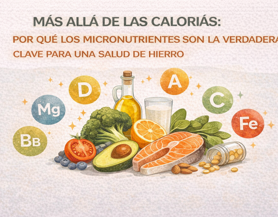Ilustración digital educativa que muestra diversos alimentos ricos en micronutrientes como salmón, aguacate, brócoli, tomate, cítricos, frutos secos y aceite de oliva, rodeados de iconos de vitaminas y minerales como A, C, D, hierro (Fe), magnesio (Mg) y complejo B.