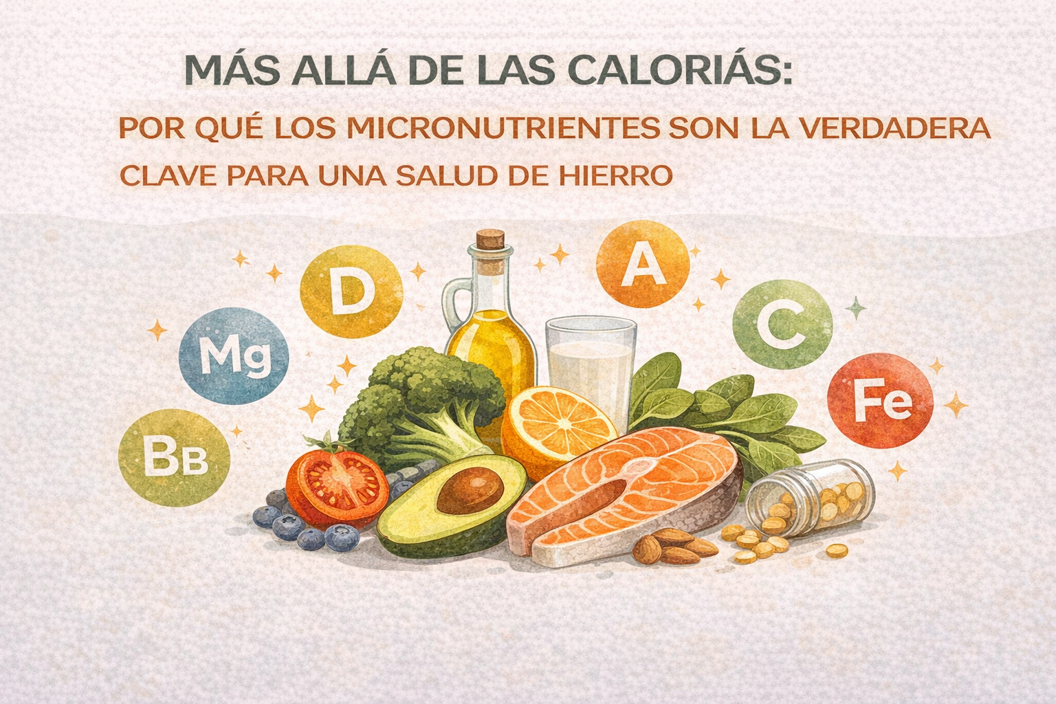 Ilustración digital educativa que muestra diversos alimentos ricos en micronutrientes como salmón, aguacate, brócoli, tomate, cítricos, frutos secos y aceite de oliva, rodeados de iconos de vitaminas y minerales como A, C, D, hierro (Fe), magnesio (Mg) y complejo B.