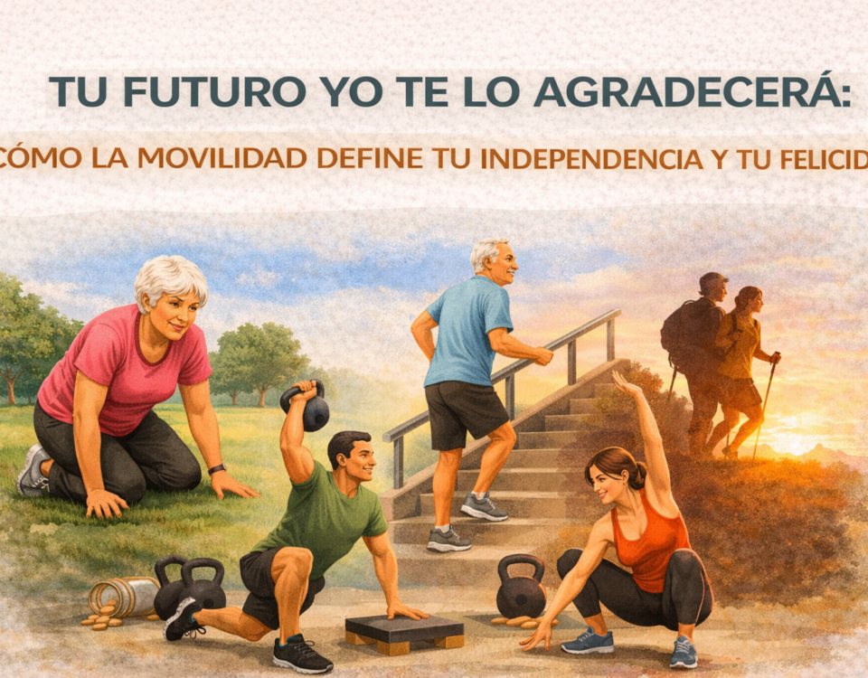 varias personas de diferentes edades realizando movimientos funcionales: una mujer mayor levantándose del suelo, un hombre mayor subiendo escaleras y dos adultos jóvenes entrenando con ejercicios de movilidad y fuerza.