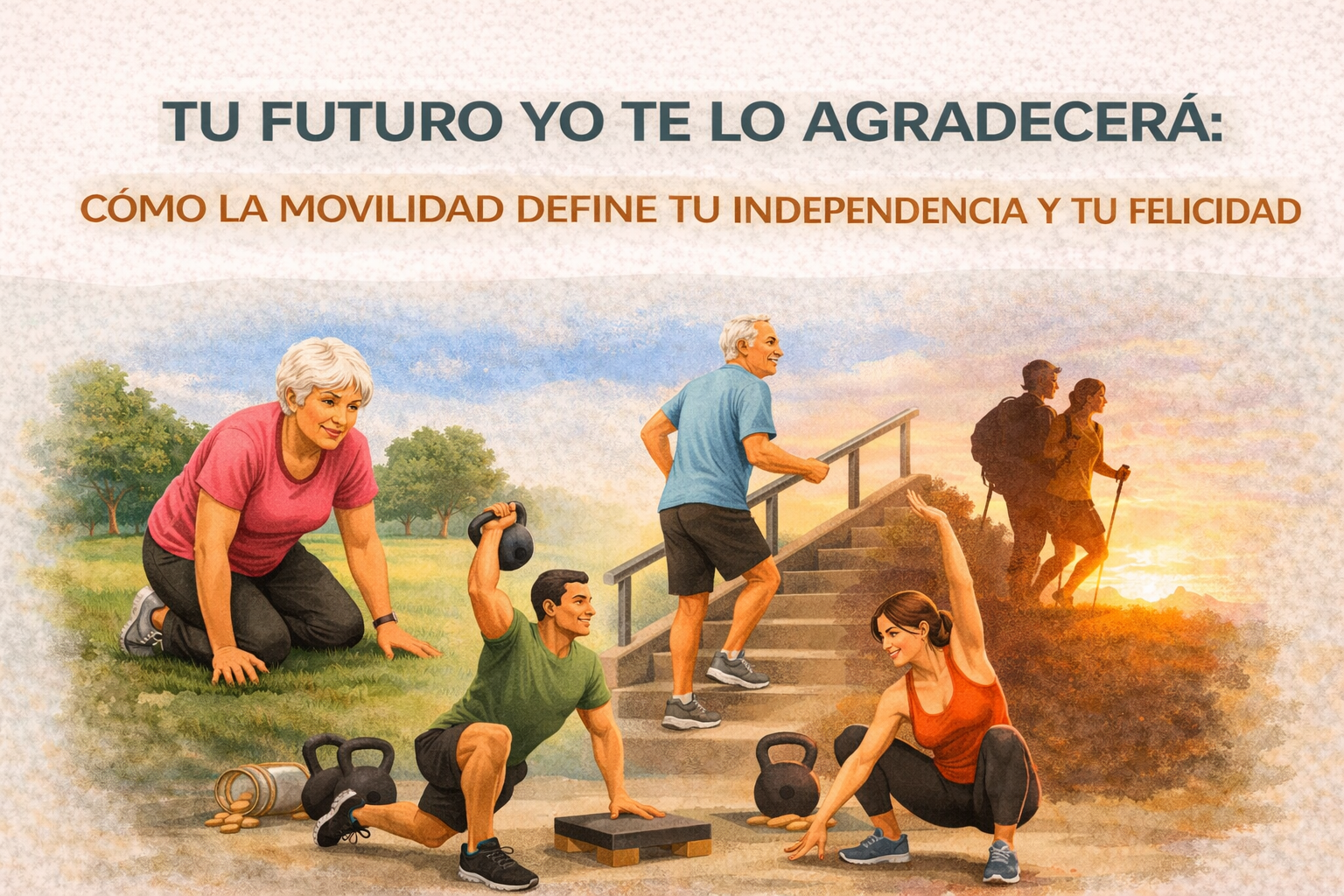 varias personas de diferentes edades realizando movimientos funcionales: una mujer mayor levantándose del suelo, un hombre mayor subiendo escaleras y dos adultos jóvenes entrenando con ejercicios de movilidad y fuerza.