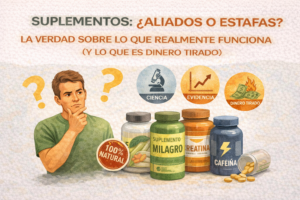 hombre joven con expresión de duda mientras observa varios suplementos. Frente a él hay frascos etiquetados como creatina, cafeína y “suplemento milagro”