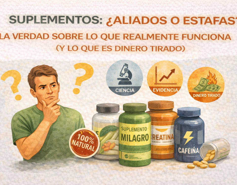 hombre joven con expresión de duda mientras observa varios suplementos. Frente a él hay frascos etiquetados como creatina, cafeína y “suplemento milagro”