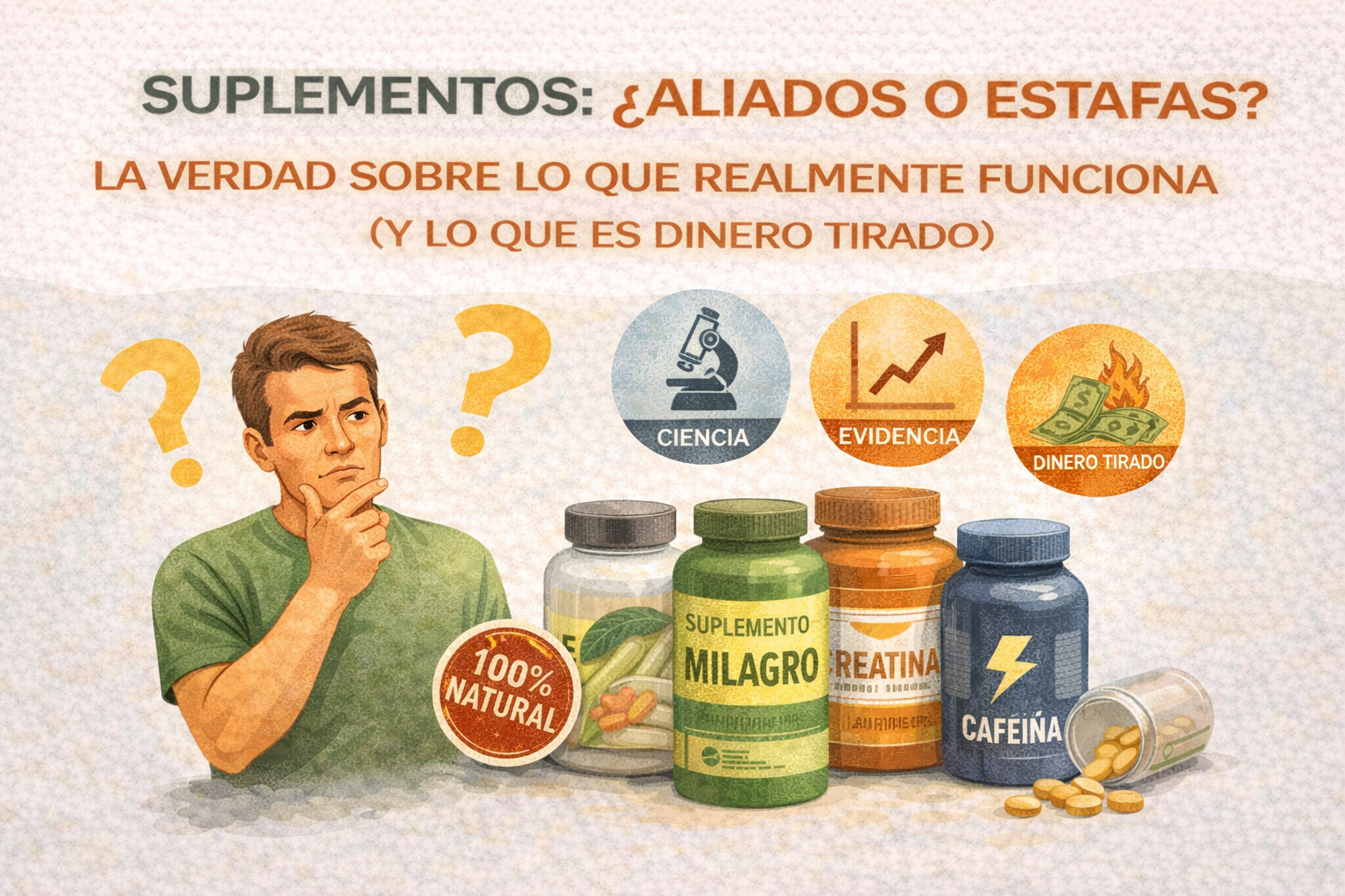 hombre joven con expresión de duda mientras observa varios suplementos. Frente a él hay frascos etiquetados como creatina, cafeína y “suplemento milagro”