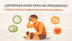 hombre joven sentado en un banco con una mancuerna en la mano, mostrando expresión de fatiga y frustración mientras se seca el sudor de la frente.