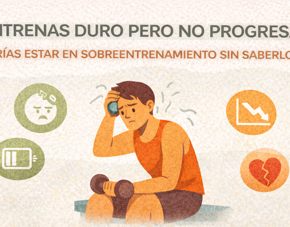 hombre joven sentado en un banco con una mancuerna en la mano, mostrando expresión de fatiga y frustración mientras se seca el sudor de la frente.