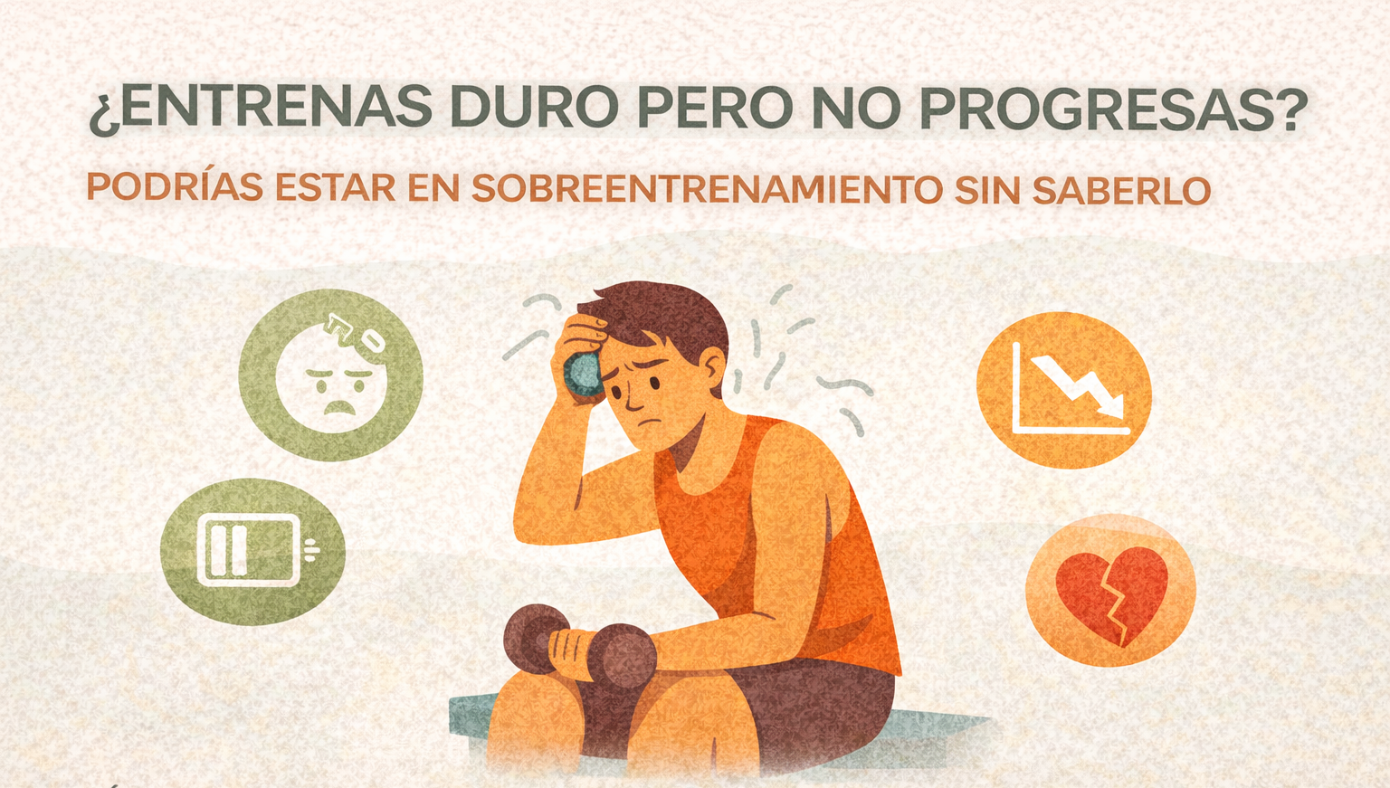 hombre joven sentado en un banco con una mancuerna en la mano, mostrando expresión de fatiga y frustración mientras se seca el sudor de la frente.