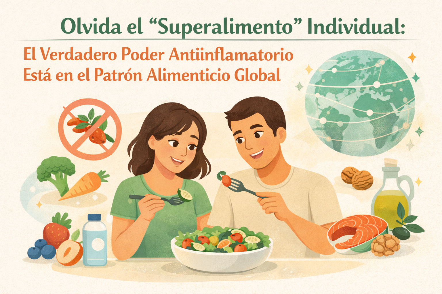 una pareja joven sonriente comparte una ensalada colorida, transmitiendo bienestar y hábitos saludables