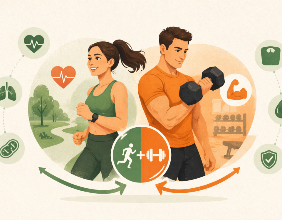 dos personas jóvenes: a la izquierda, una mujer corriendo con expresión de energía y bienestar en un entorno natural