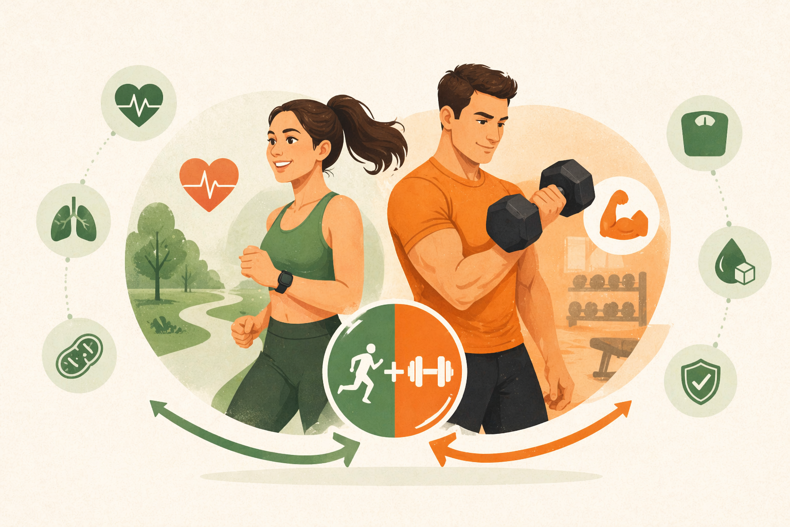 dos personas jóvenes: a la izquierda, una mujer corriendo con expresión de energía y bienestar en un entorno natural