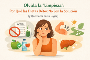 Ilustración digital horizontal en estilo minimalista y cálido. En el centro, una mujer joven con expresión de duda apoya el rostro sobre su mano, vistiendo una camiseta naranja. A su alrededor, varios elementos flotantes tipo infografía: a la izquierda, un plan “detox” tachado junto a un vaso de jugo verde