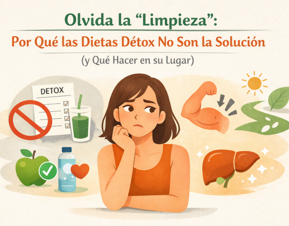 Ilustración digital horizontal en estilo minimalista y cálido. En el centro, una mujer joven con expresión de duda apoya el rostro sobre su mano, vistiendo una camiseta naranja. A su alrededor, varios elementos flotantes tipo infografía: a la izquierda, un plan “detox” tachado junto a un vaso de jugo verde