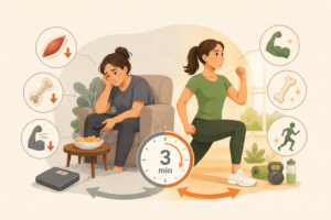 una mujer con expresión de cansancio y desánimo permanece sentada en un sillón sosteniendo un control remoto, junto a un plato de snacks y una balanza en el suelo. A su alrededor aparecen íconos de músculo, hueso y fuerza con flechas descendentes, representando pérdida muscular, ósea y disminución de fuerza física. A la derecha, la misma mujer aparece activa y sonriente realizando una zancada de ejercicio.