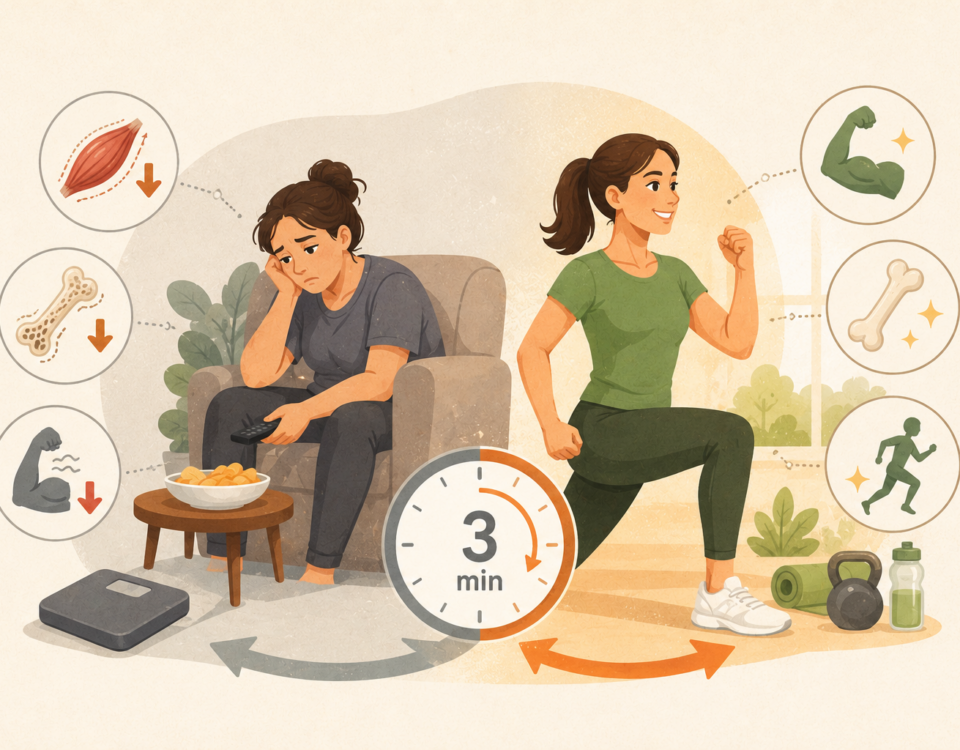 una mujer con expresión de cansancio y desánimo permanece sentada en un sillón sosteniendo un control remoto, junto a un plato de snacks y una balanza en el suelo. A su alrededor aparecen íconos de músculo, hueso y fuerza con flechas descendentes, representando pérdida muscular, ósea y disminución de fuerza física. A la derecha, la misma mujer aparece activa y sonriente realizando una zancada de ejercicio.