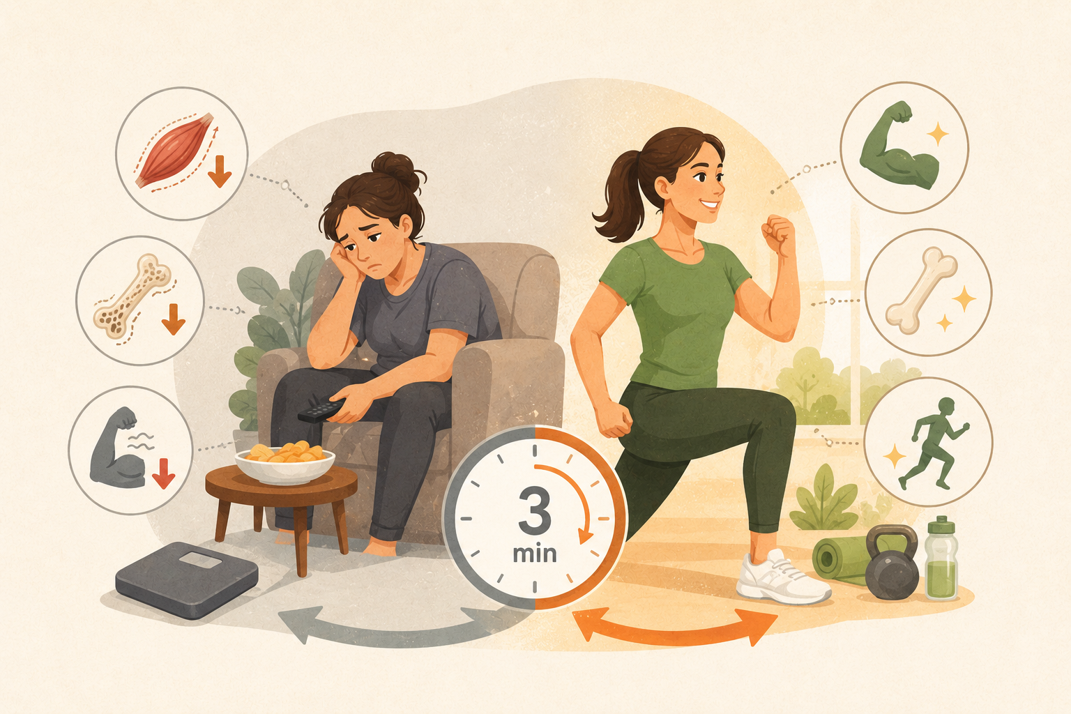 una mujer con expresión de cansancio y desánimo permanece sentada en un sillón sosteniendo un control remoto, junto a un plato de snacks y una balanza en el suelo. A su alrededor aparecen íconos de músculo, hueso y fuerza con flechas descendentes, representando pérdida muscular, ósea y disminución de fuerza física. A la derecha, la misma mujer aparece activa y sonriente realizando una zancada de ejercicio.