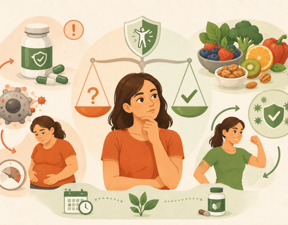 una mujer con expresión reflexiva sostiene su mentón mientras observa una balanza que simboliza la búsqueda de equilibrio.
