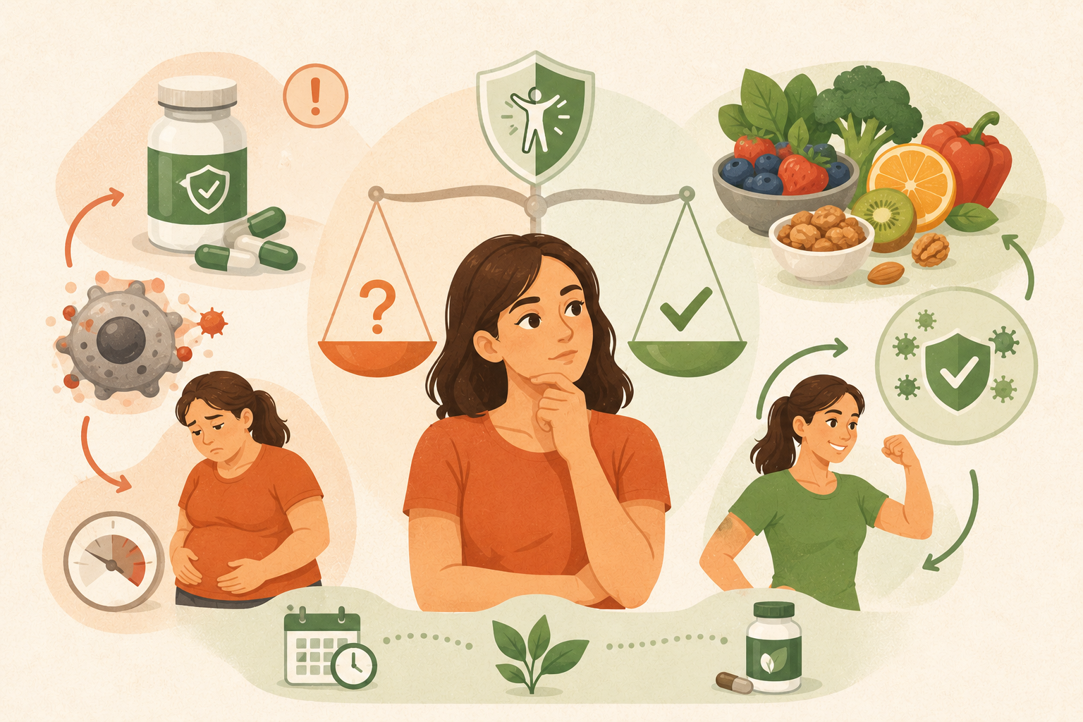 una mujer con expresión reflexiva sostiene su mentón mientras observa una balanza que simboliza la búsqueda de equilibrio.