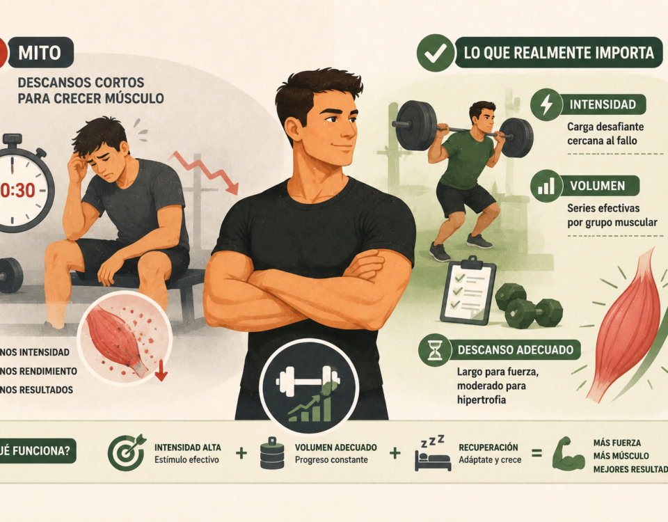 hombre con postura segura y brazos cruzados representa el enfoque basado en evidencia para el desarrollo muscular. A la izquierda, una sección marcada como mito muestra a una persona cansada sentada en un banco de gimnasio junto a un cronómetro